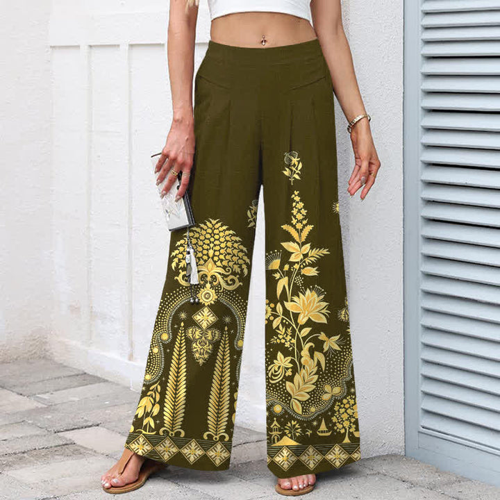 Buddha Stones Cotton Linen Bohemian Golden Floral Pattern Women's Elastic Waist Wide Leg Pants With Pockets - image 5