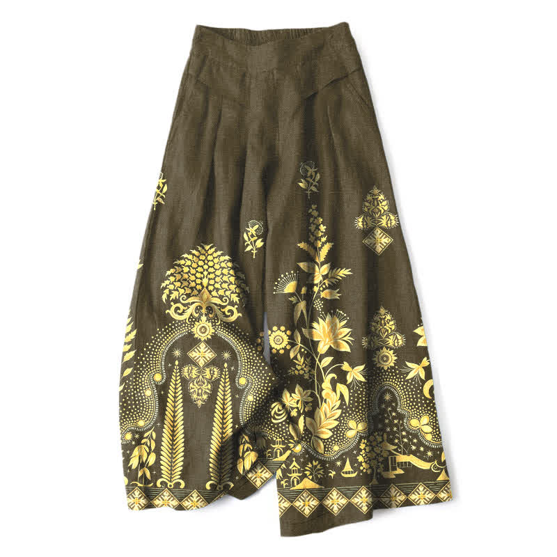 Buddha Stones Cotton Linen Bohemian Golden Floral Pattern Women's Elastic Waist Wide Leg Pants With Pockets - DarkOliveGreen - US16，UK/AU20，EU48 (3XL) - image 4