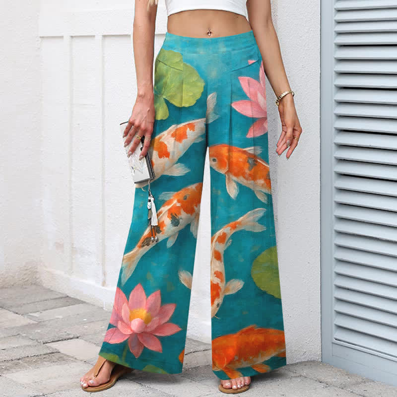 Buddha Stones Cotton Linen Red White Koi Fish Pink Lotus Pattern Women's Elastic Waist Wide Leg Pants With Pockets - image 1