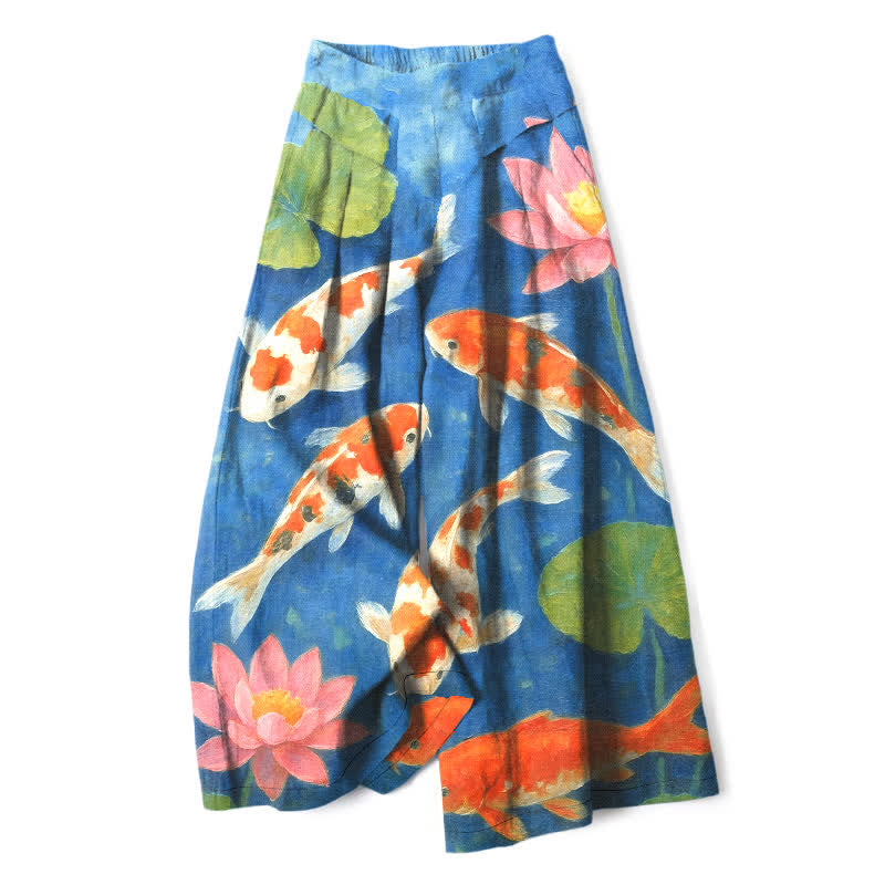 Buddha Stones Cotton Linen Red White Koi Fish Pink Lotus Pattern Women's Elastic Waist Wide Leg Pants With Pockets - RoyalBlue - US16，UK/AU20，EU48 (3XL) - image 4