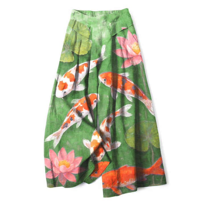Buddha Stones Cotton Linen Red White Koi Fish Pink Lotus Pattern Women's Elastic Waist Wide Leg Pants With Pockets - PaleGreen - US16，UK/AU20，EU48 (3XL) - image 6