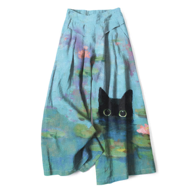 Buddha Stones Cotton Linen Playful Black Cat Lotus Pond Pattern Women's Elastic Waist Wide Leg Pants With Pockets - LightBlue - US16，UK/AU20，EU48 (3XL) - image 0