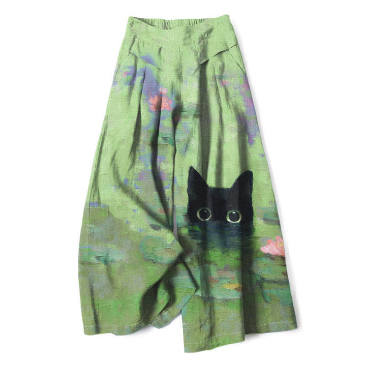 Buddha Stones Cotton Linen Playful Black Cat Lotus Pond Pattern Women's Elastic Waist Wide Leg Pants With Pockets - PaleGreen - US16，UK/AU20，EU48 (3XL) - image 4