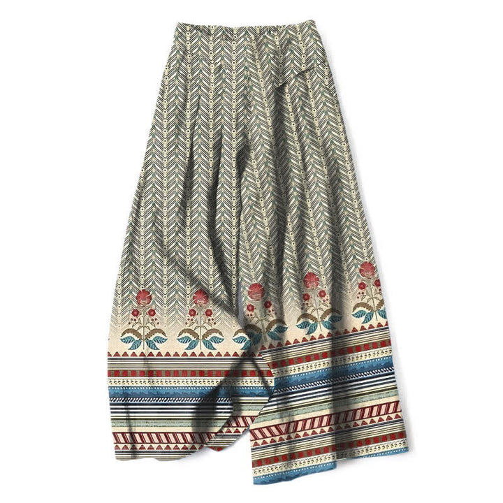 Buddha Stones Cotton Linen Bohemian Geometric Zigzag Pattern Women's Elastic Waist Wide Leg Pants With Pockets - Wheat - US16，UK/AU20，EU48 (3XL) - image 0