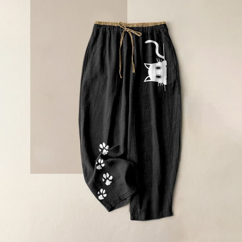 Buddha Stones Pure Cotton Cute Cat Paw Print Pattern Women's Elastic Waist Pants With Pockets - Black - US16，UK/AU20，EU48 (3XL) - image 0