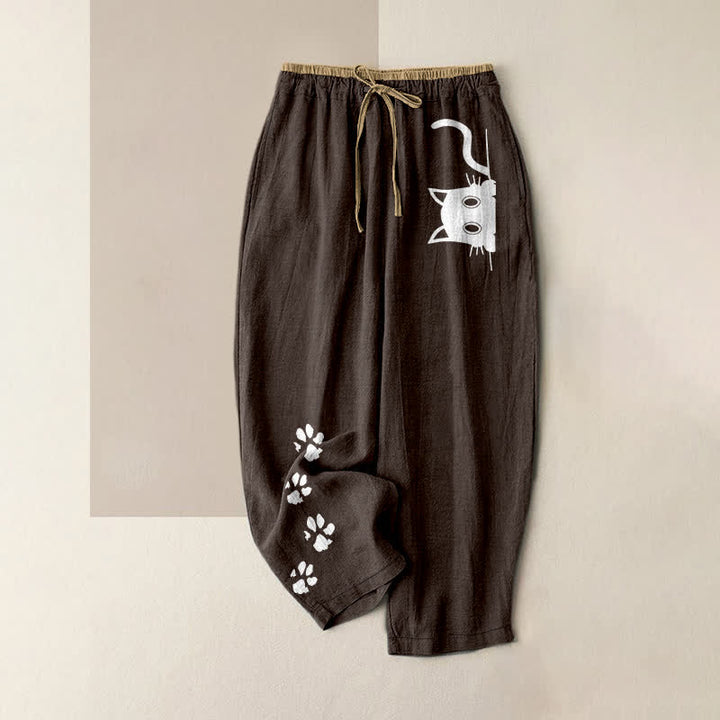 Buddha Stones Pure Cotton Cute Cat Paw Print Pattern Women's Elastic Waist Pants With Pockets - SaddleBrown - US16，UK/AU20，EU48 (3XL) - image 8