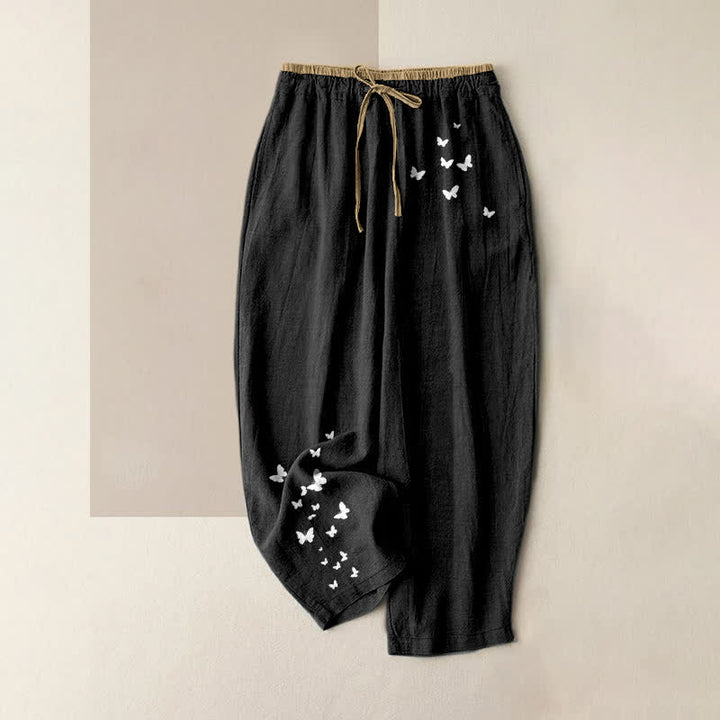 Buddha Stones Pure Cotton White Butterfly Pattern Women's Elastic Waist Pants With Pockets - Black - US16，UK/AU20，EU48 (3XL) - image 4