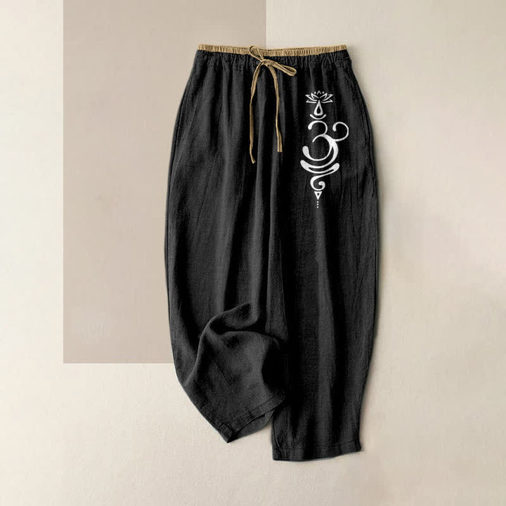 Buddha Stones Pure Cotton Sacred Om Lotus Pattern Women's Elastic Waist Pants With Pockets - Black - US16，UK/AU20，EU48 (3XL) - image 4
