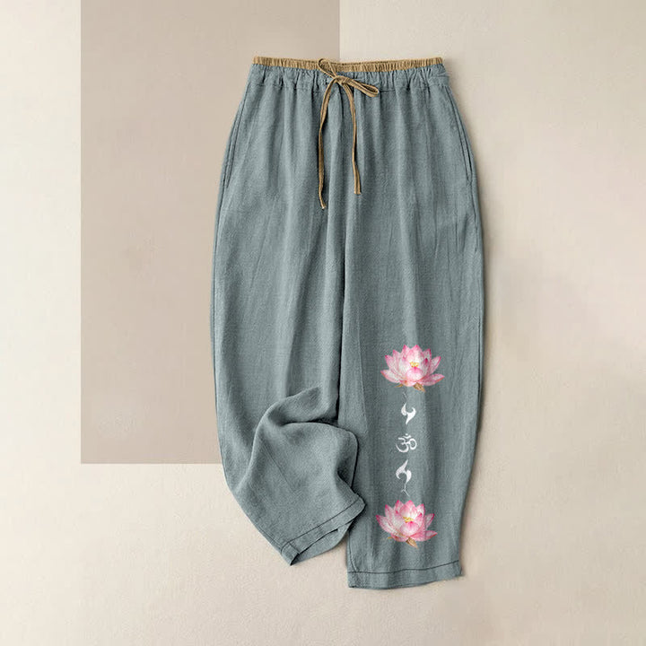 Buddha Stones Pure Cotton Pink Lotus OM Zen Pattern Women's Elastic Waist Pants With Pockets - LightBlue - US16，UK/AU20，EU48 (3XL) - image 0