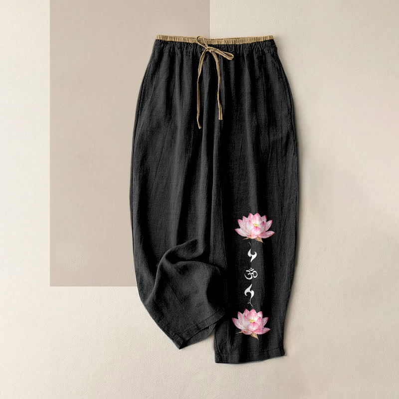 Buddha Stones Pure Cotton Pink Lotus OM Zen Pattern Women's Elastic Waist Pants With Pockets - Black - US16，UK/AU20，EU48 (3XL) - image 4