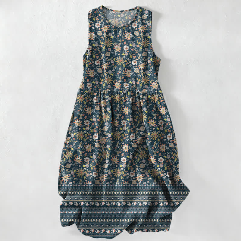 Buddha Stones Summer Casual Vintage Floral Leaves Stripe Pattern Women's Summer Sleeveless Midi Dress With Pockets - SteelBlue - US16，UK/AU20，EU48 (3XL) - image 0