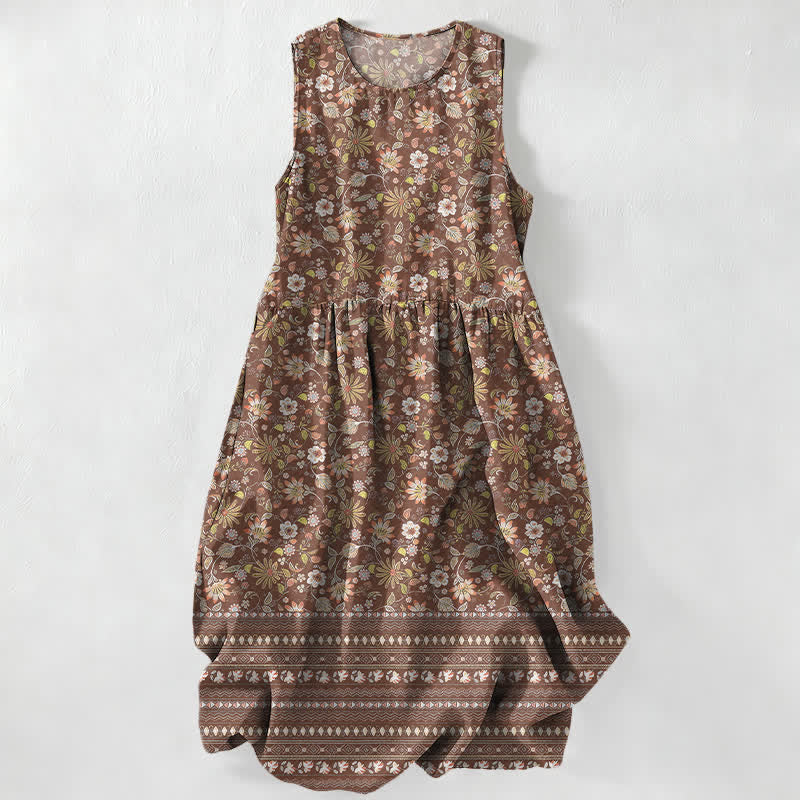 Buddha Stones Summer Casual Vintage Floral Leaves Stripe Pattern Women's Summer Sleeveless Midi Dress With Pockets - Sienna - US16，UK/AU20，EU48 (3XL) - image 4