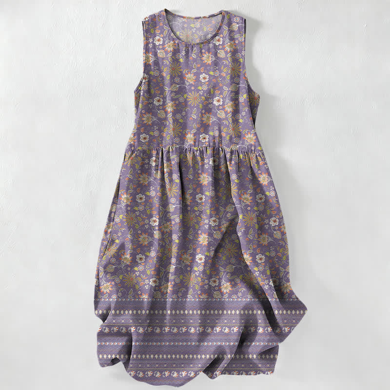 Buddha Stones Summer Casual Vintage Floral Leaves Stripe Pattern Women's Summer Sleeveless Midi Dress With Pockets - MediumPurple - US16，UK/AU20，EU48 (3XL) - image 5