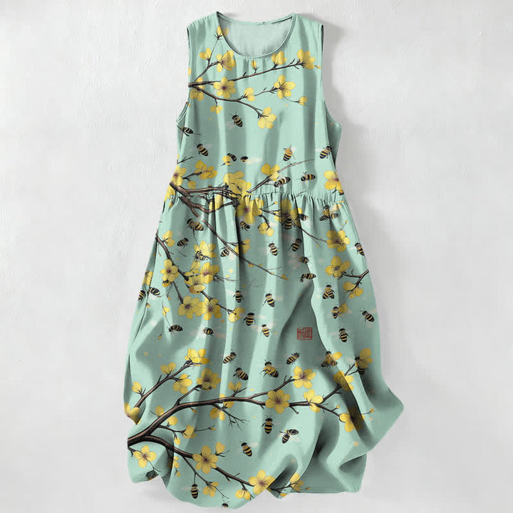 Buddha Stones Summer Casual Yellow Floral Branch Pattern Women's Summer Sleeveless Midi Dress With Pockets - PaleGreen - US16，UK/AU20，EU48 (3XL) - image 4