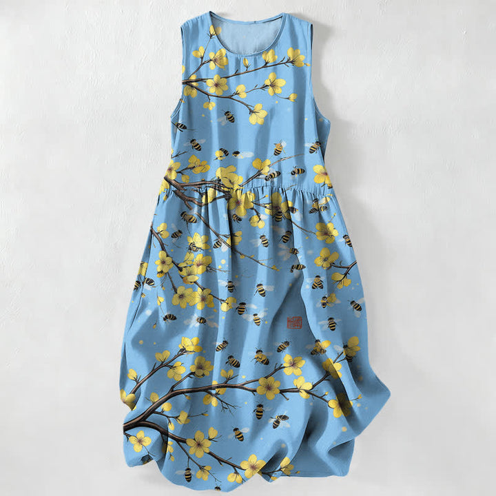 Buddha Stones Summer Casual Yellow Floral Branch Pattern Women's Summer Sleeveless Midi Dress With Pockets - LightBlue - US16，UK/AU20，EU48 (3XL) - image 5