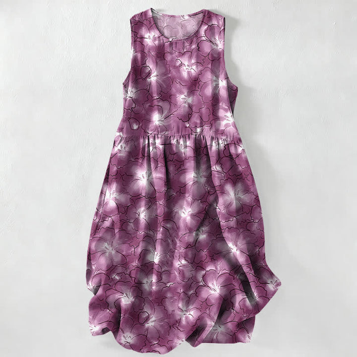 Buddha Stones Summer Casual White Floral Petal Pattern Women's Summer Sleeveless Midi Dress With Pockets - MediumOrchid - US16，UK/AU20，EU48 (3XL) - image 4