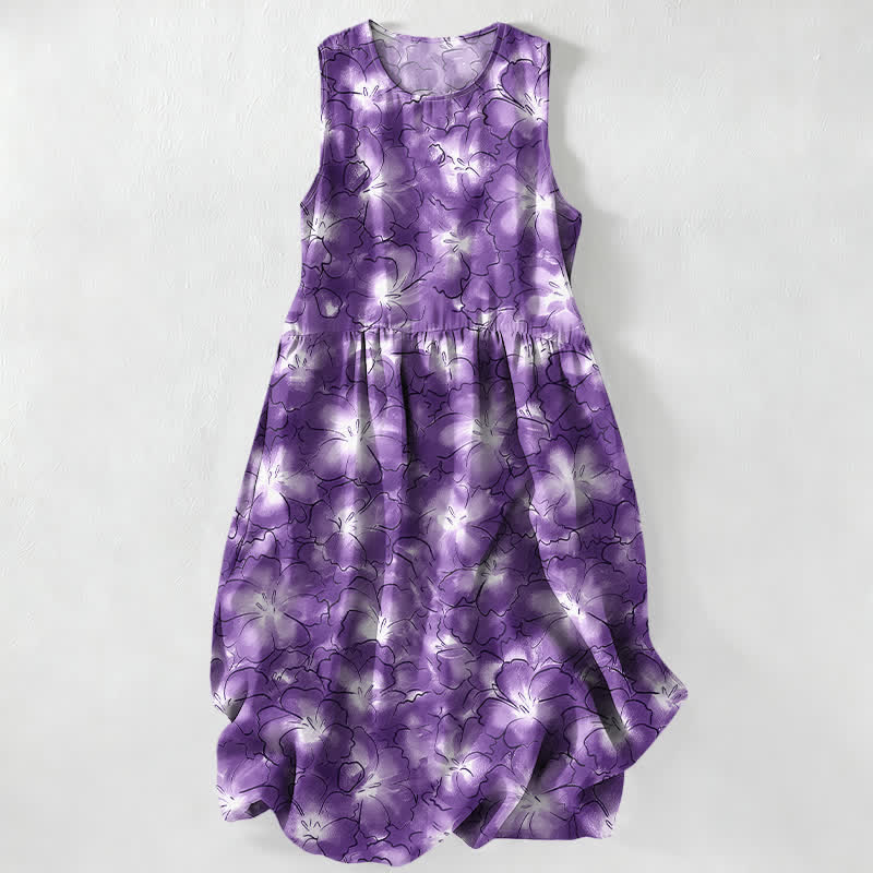 Buddha Stones Summer Casual White Floral Petal Pattern Women's Summer Sleeveless Midi Dress With Pockets - MediumPurple - US16，UK/AU20，EU48 (3XL) - image 5