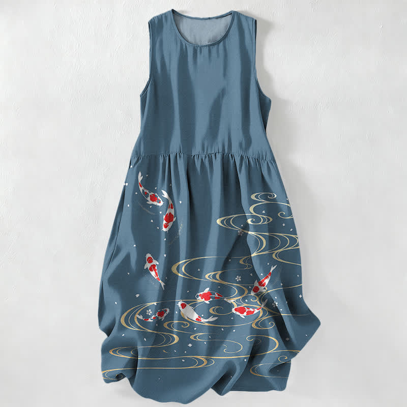 Buddha Stones Summer Casual Koi Fish Ripple Pattern Women's Summer Sleeveless Midi Dress With Pockets - DarkCyan - US16，UK/AU20，EU48 (3XL) - image 5