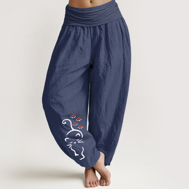 Buddha Stones Pure Cotton Cat Line Cartoon Pattern Women's Elastic Waist Harem Pants - DarkSlateBlue - US16，UK/AU20，EU48 (3XL) - image 11
