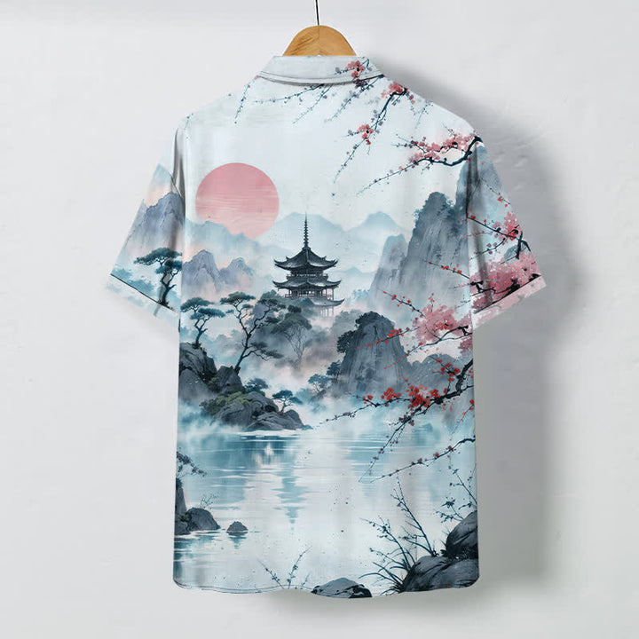 Buddha Stones Ink Landscape Pavilion Blossom Pattern Buttons Breathable Men's Short Sleeve Shirt - image 6