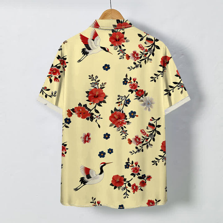 Buddha Stones Crane Blossom Branch Pattern Buttons Breathable Men's Short Sleeve Shirt - image 1