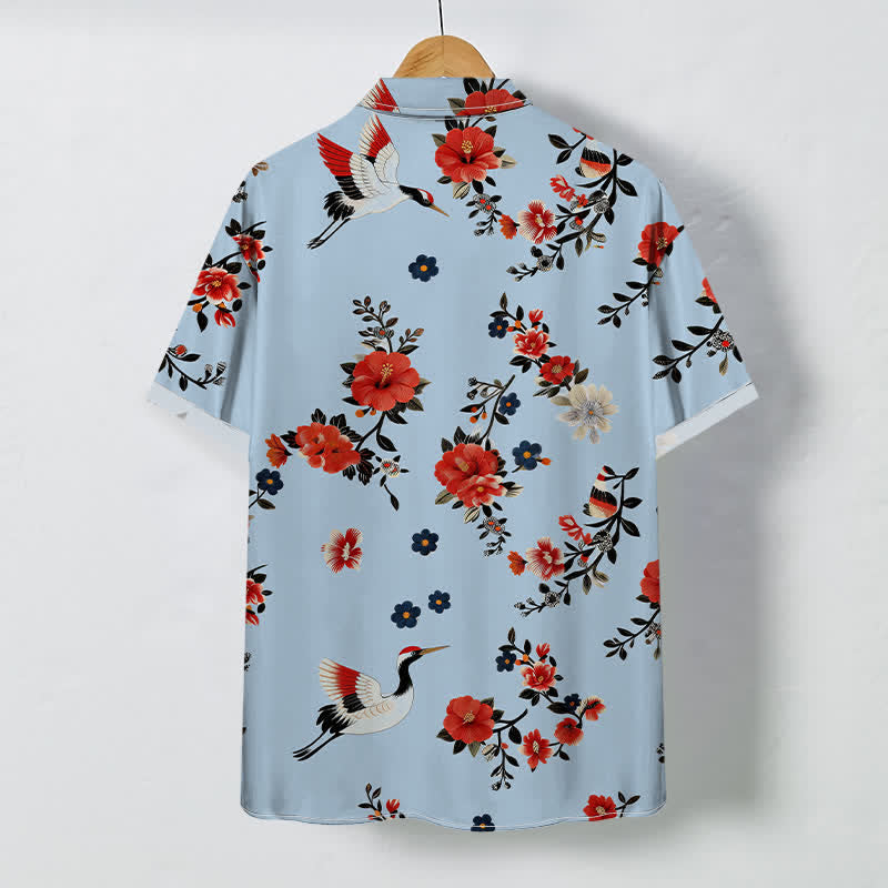 Buddha Stones Crane Blossom Branch Pattern Buttons Breathable Men's Short Sleeve Shirt - image 4
