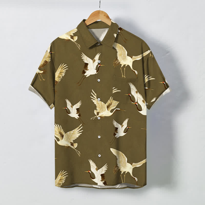 Buddha Stones White Crane Bird Pattern Buttons Breathable Men's Short Sleeve Shirt - DarkOliveGreen - US/UK/AU48，EU58 (4XL) - image 5