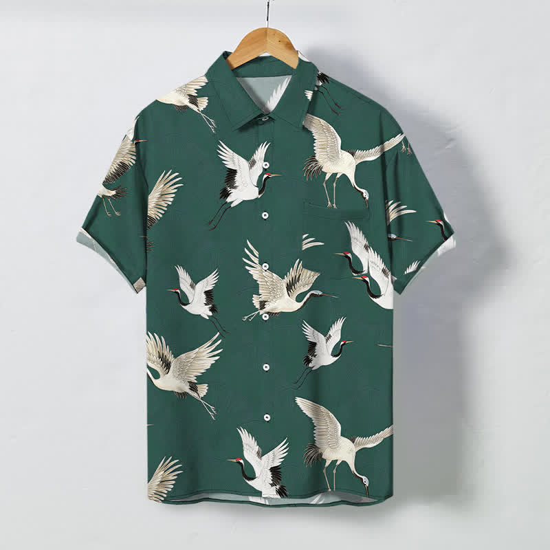 Buddha Stones White Crane Bird Pattern Buttons Breathable Men's Short Sleeve Shirt - Teal - US/UK/AU48，EU58 (4XL) - image 7