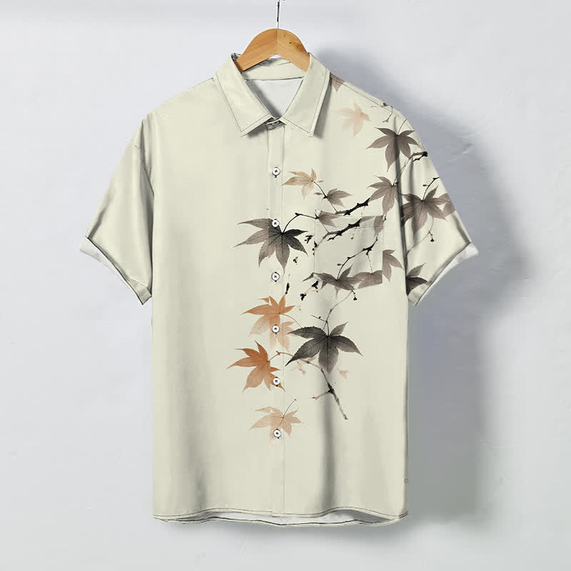 Buddha Stones Autumn Maple Branch Pattern Buttons Breathable Men's Short Sleeve Shirt - Beige - US/UK/AU48，EU58 (4XL) - image 0