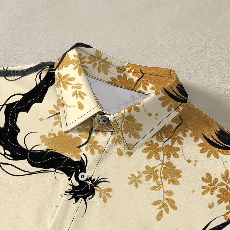 Buddha Stones Golden Dragon Cloud Floral Pattern Buttons Breathable Men's Short Sleeve Shirt - image 2