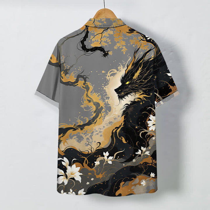 Buddha Stones Golden Dragon Cloud Floral Pattern Buttons Breathable Men's Short Sleeve Shirt - image 6