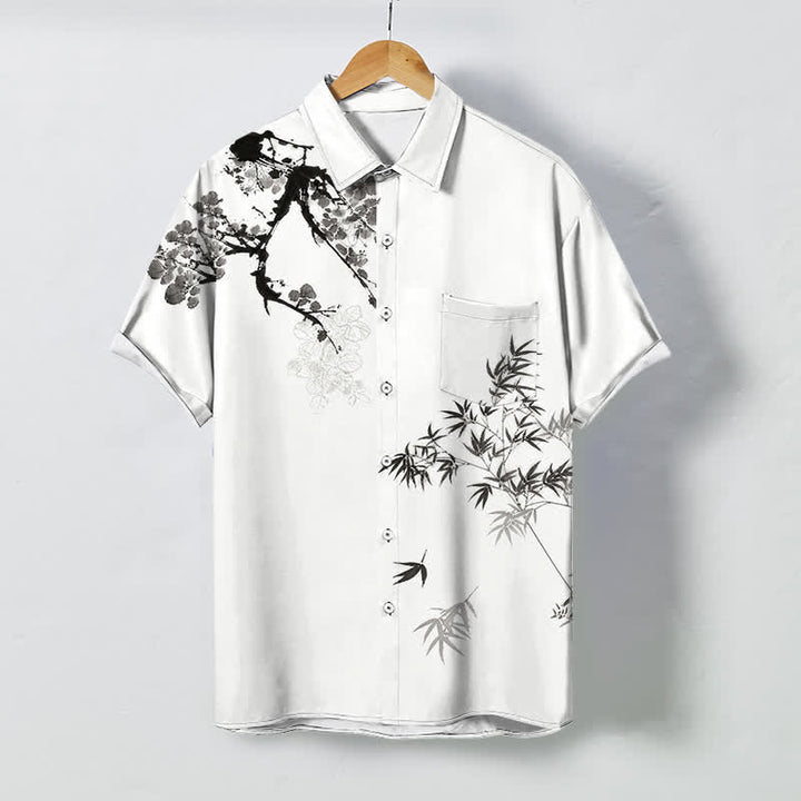 Buddha Stones Ink Bamboo Leaf Tree Branches Pattern Buttons Breathable Men's Short Sleeve Shirt - White - US/UK/AU48，EU58 (4XL) - image 0