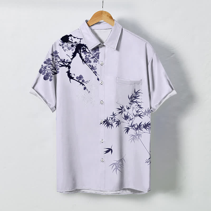 Buddha Stones Ink Bamboo Leaf Tree Branches Pattern Buttons Breathable Men's Short Sleeve Shirt - Lavender - US/UK/AU48，EU58 (4XL) - image 3