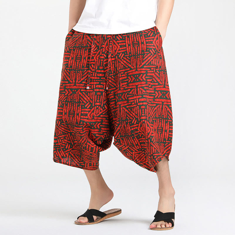Buddha Stones Summer Boho Casual Drawstring Abstract Geometry Capri Pants Men's Harem Pants With Pocket - Red - US/UK/AU46，EU56 (5XL) - image 16