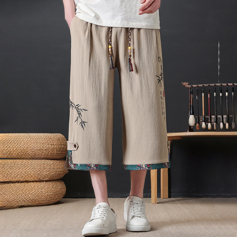 Buddha Stones Summer Tang Style Casual Drawstring Bamboo Print Half Pants Men's Straight Leg Pants With Pocket - image 10