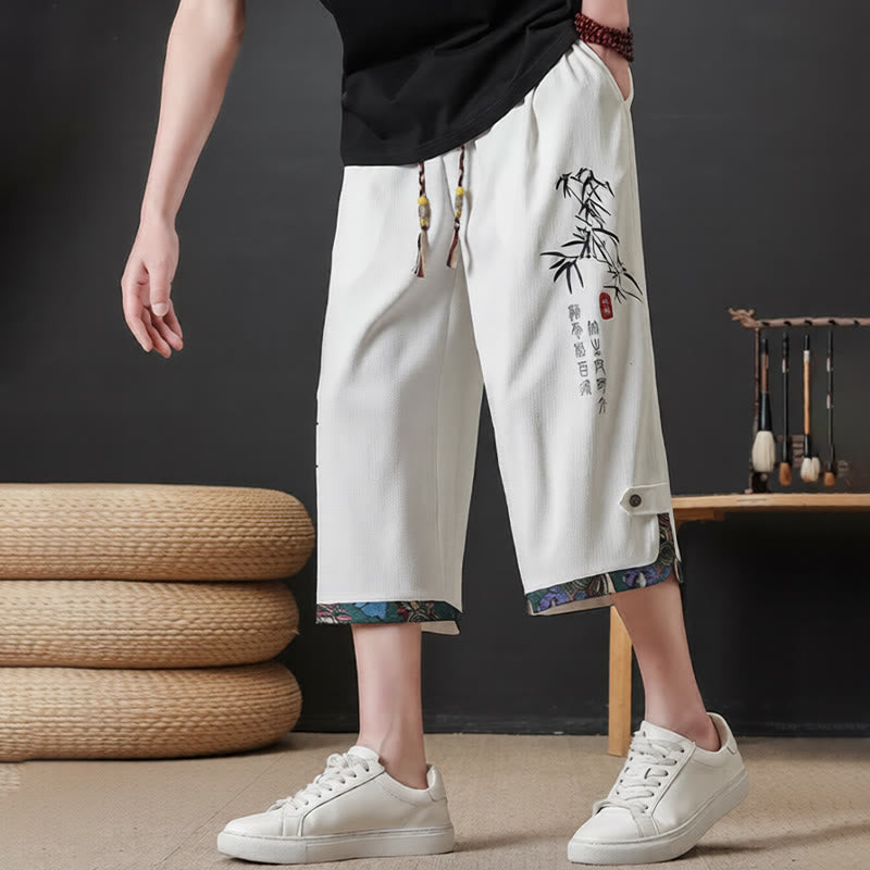 Buddha Stones Summer Tang Style Casual Drawstring Bamboo Print Half Pants Men's Straight Leg Pants With Pocket - image 18