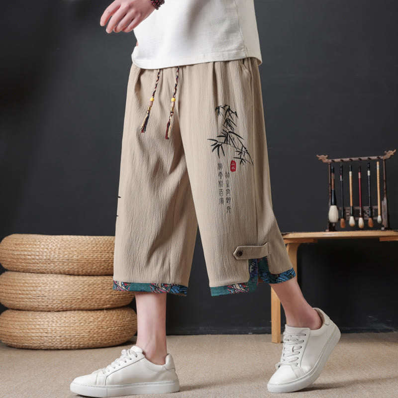 Buddha Stones Summer Tang Style Casual Drawstring Bamboo Print Half Pants Men's Straight Leg Pants With Pocket - Tan - US/UK/AU46, EU56 (4XL) - image 9