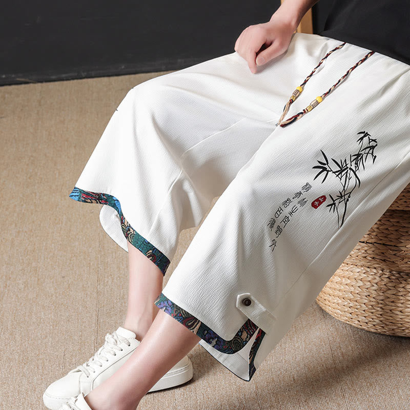 Buddha Stones Summer Tang Style Casual Drawstring Bamboo Print Half Pants Men's Straight Leg Pants With Pocket - image 19