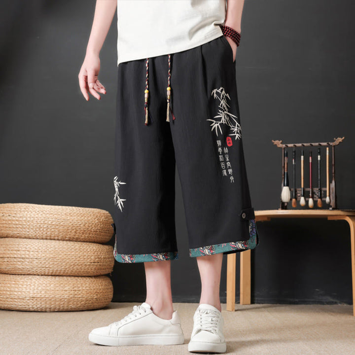 Buddha Stones Summer Tang Style Casual Drawstring Bamboo Print Half Pants Men's Straight Leg Pants With Pocket - image 1