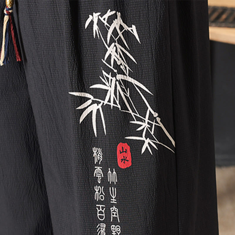 Buddha Stones Summer Tang Style Casual Drawstring Bamboo Print Half Pants Men's Straight Leg Pants With Pocket - image 7