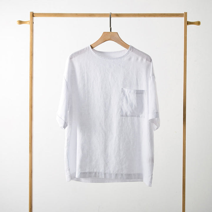 Buddha Stones Summer Casual Minimalist Solid Crew Neck Men's Short Sleeve T-Shirts With Patch Pocket - image 5