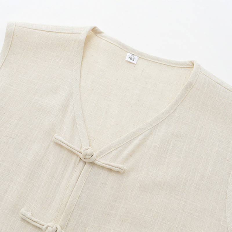 Buddha Stones Summer Tang Style Casual Frog Button Solid Tank Top Men's Sleeveless Shirts With Pocket - image 3