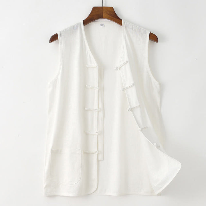 Buddha Stones Summer Tang Style Casual Frog Button Solid Tank Top Men's Sleeveless Shirts With Pocket - White - US/UK/AU48, EU58 (4XL) - image 6