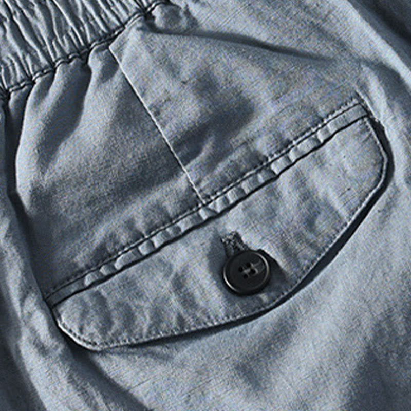 Buddha Stones Spring Summer Casual Minimalist Button Zipper Solid Cotton Linen Men's Shorts With Pocket - image 19