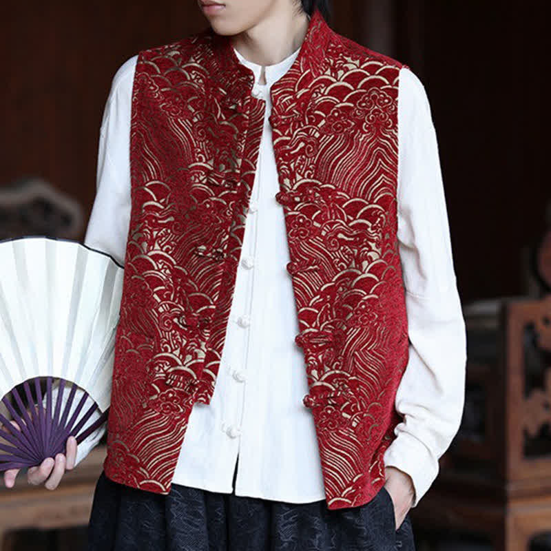 Buddha Stones Fall Tang Style Vintage Mandarin Collar Frog Button Abstract Jacquard Men's Sleeveless Shirts - image 14