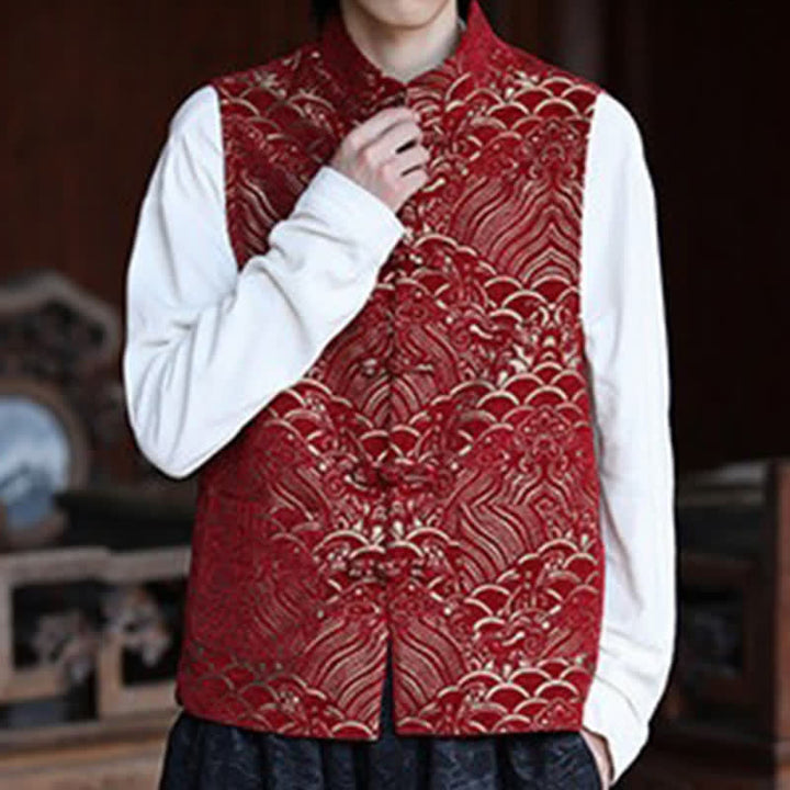 Buddha Stones Fall Tang Style Vintage Mandarin Collar Frog Button Abstract Jacquard Men's Sleeveless Shirts - image 21