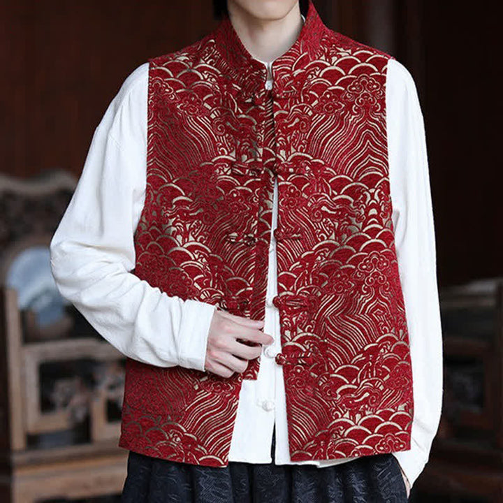 Buddha Stones Fall Tang Style Vintage Mandarin Collar Frog Button Abstract Jacquard Men's Sleeveless Shirts - image 20