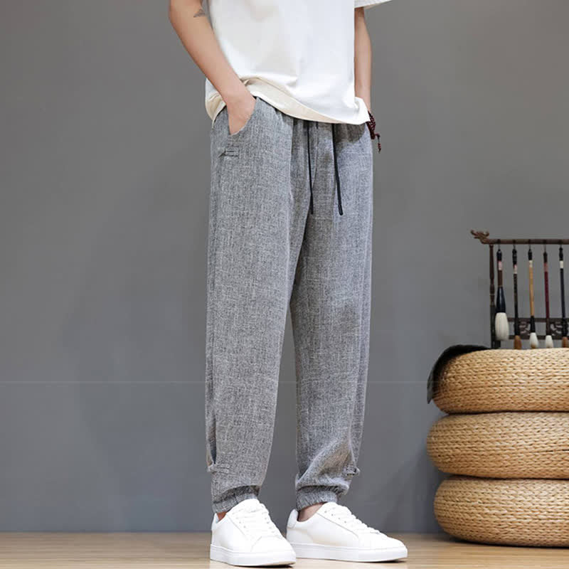 Buddha Stones Spring Summer Casual Minimalist Drawstring Elastic Waist Solid Cropped Pants Men's Tapered Pants With Pocket - image 2