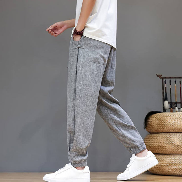 Buddha Stones Spring Summer Casual Minimalist Drawstring Elastic Waist Solid Cropped Pants Men's Tapered Pants With Pocket - image 6