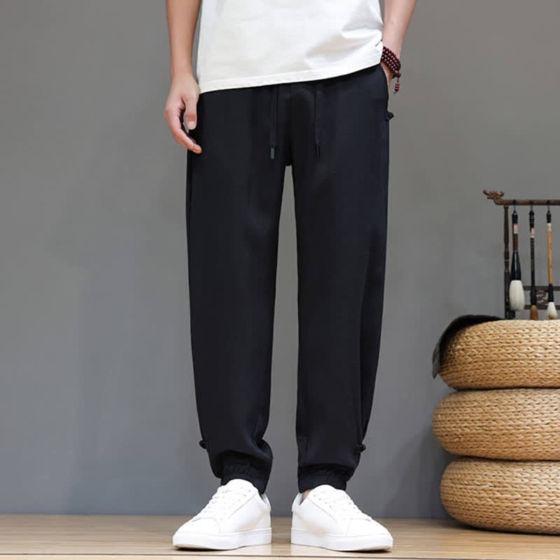 Buddha Stones Spring Summer Casual Minimalist Drawstring Elastic Waist Solid Cropped Pants Men's Tapered Pants With Pocket - image 17